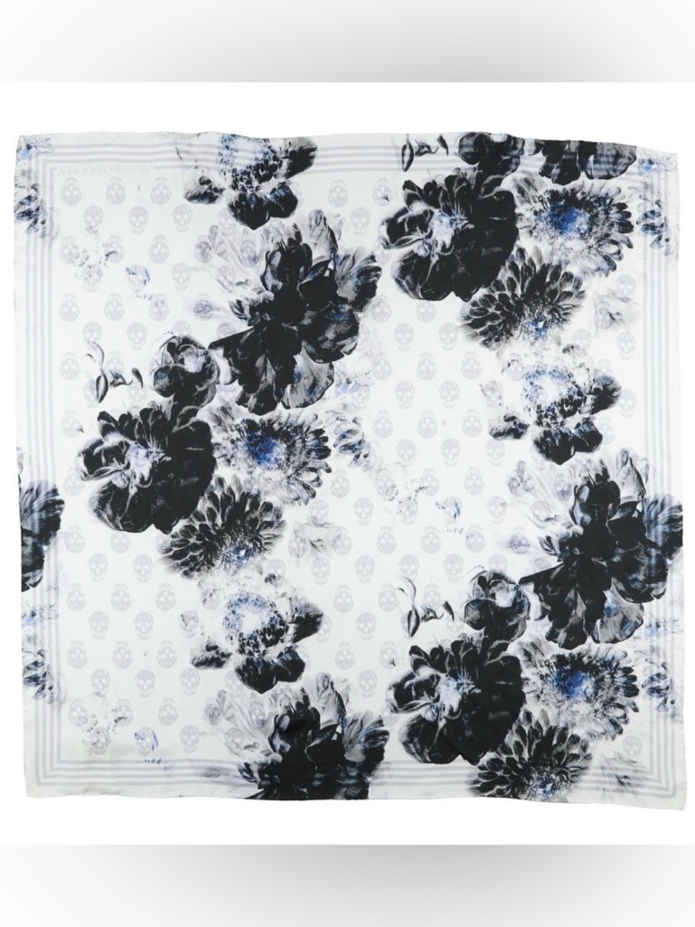 Alexander McQueen Black and Blue Floral Silk Scarf